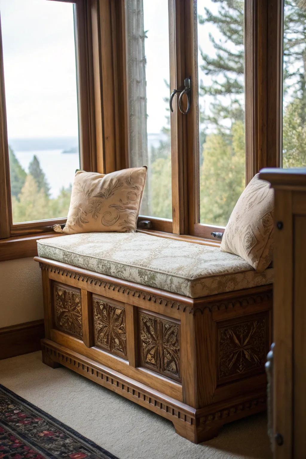 An antique storage chest with a seat pad becomes the best window spot.