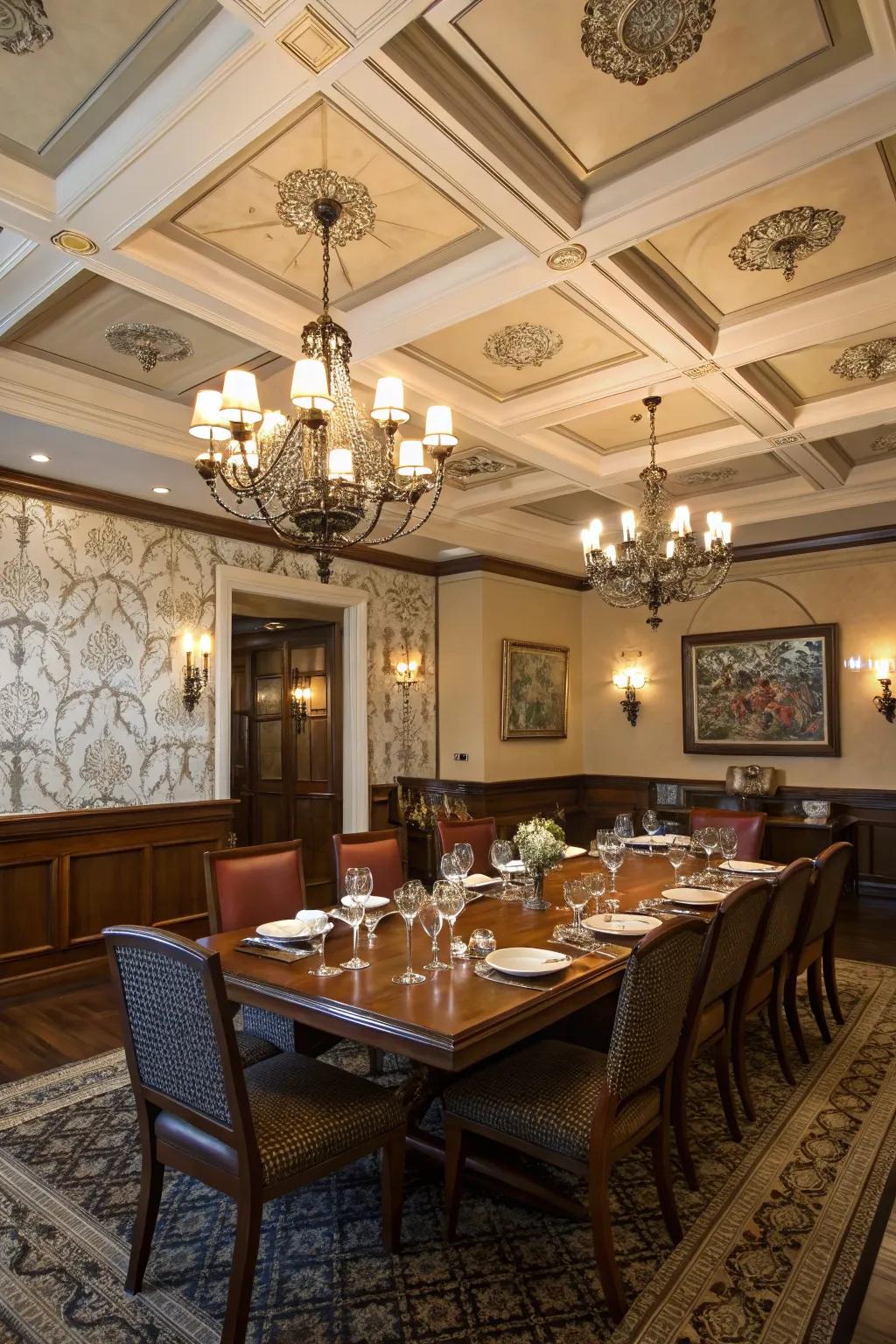 Revamp your dining space with a textured coffered ceiling.