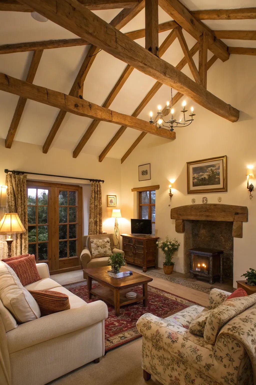 Living room with wooden beams adding charm and warmth.