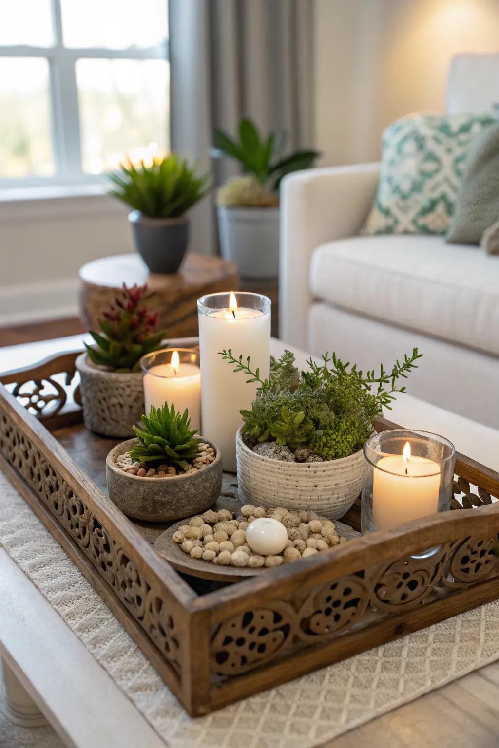 A platter aids in arranging decoration features elegantly.