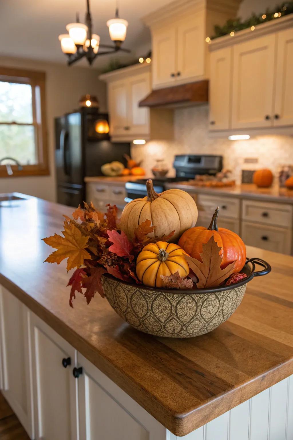 Add a festive touch to your kitchen island with seasonal elements.