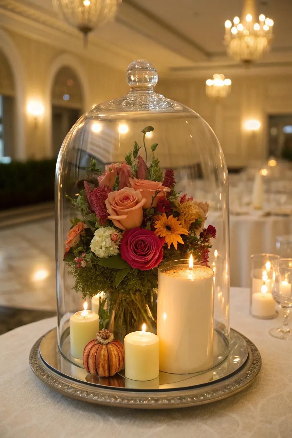 Refined crystal bell jar centerpiece showcasing delicate florals.