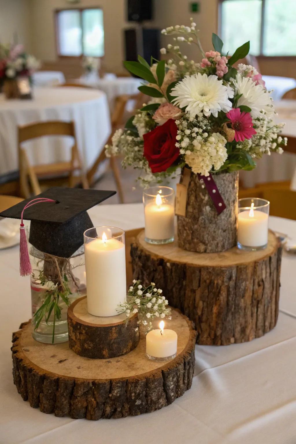Country wood pieces offer a charming foundation for centerpieces.