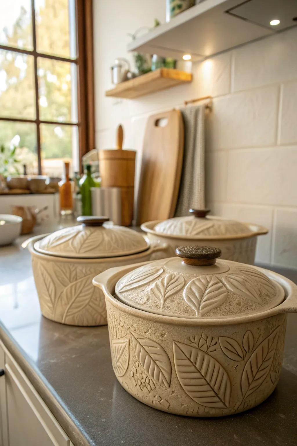 Embossed ceramic containers bring a natural sensation to your cooking space.