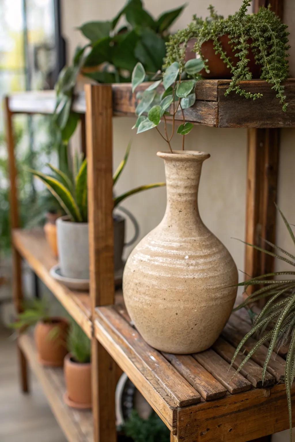 A rustic ceramic vase with a natural clay finish adds warmth to the space.