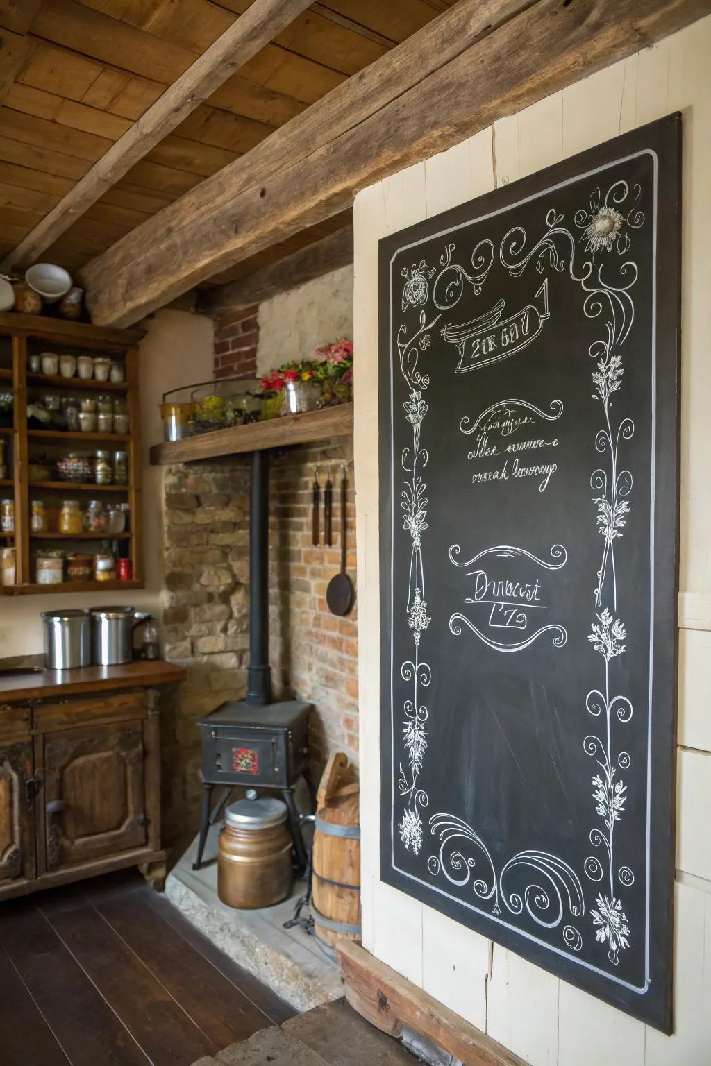 Elegant outlines and embellishments frame this chalkboard menu, boosting its visual charm.