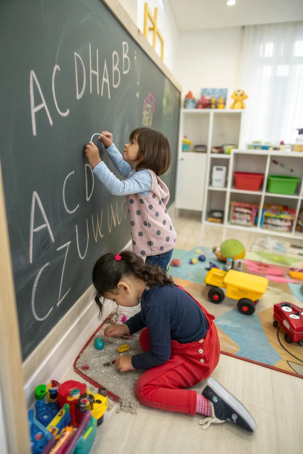 A chalkboard wall with an alphabet supports learning through play.