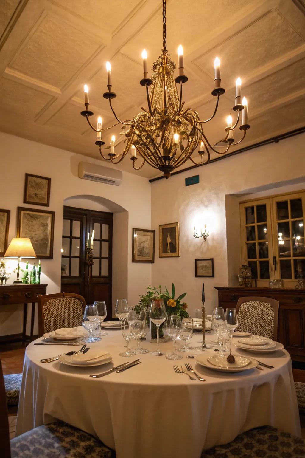 A multi-light chandelier casts a warm glow over the dining table.
