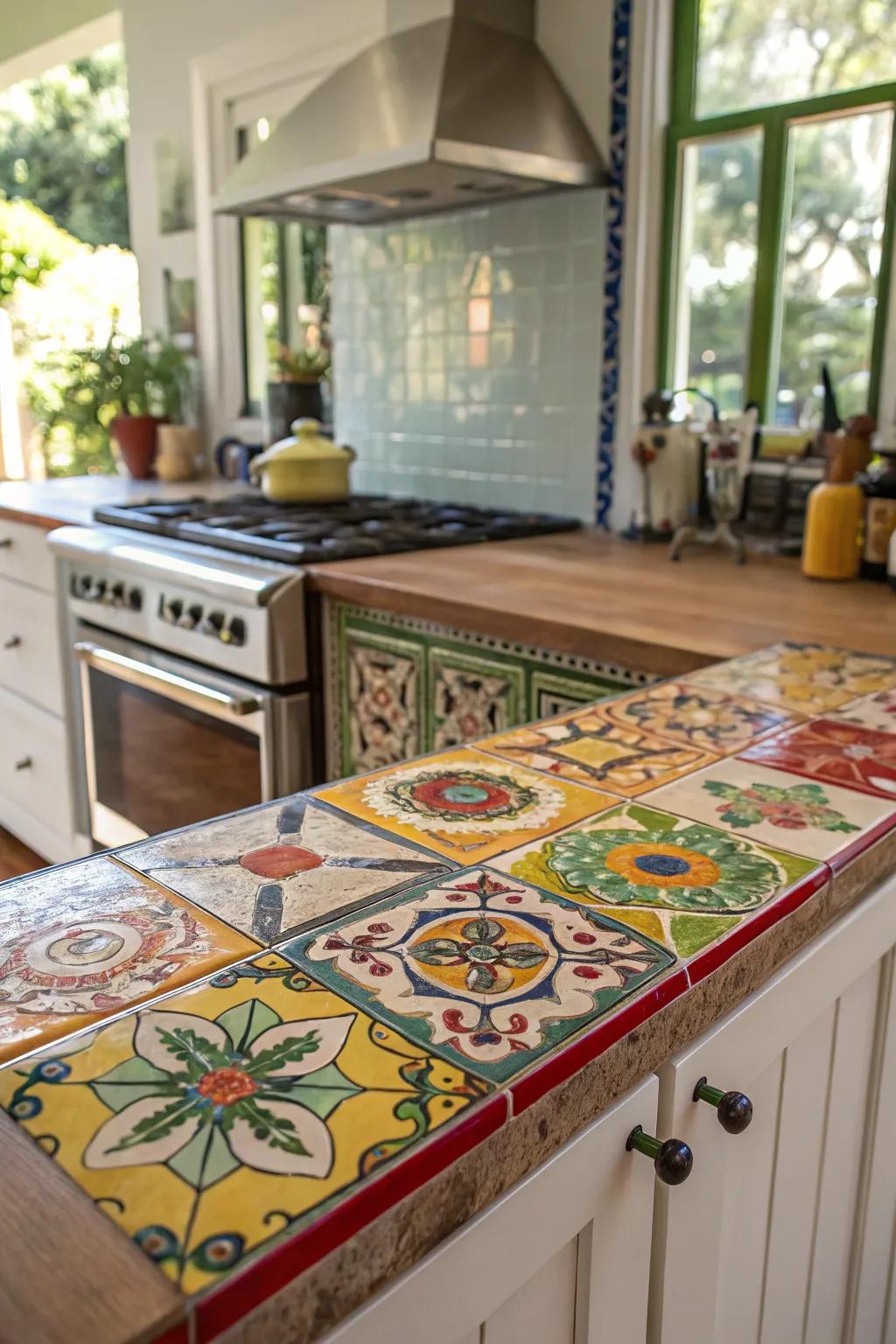 Energetic ceramic tile worktops with striking patterns.