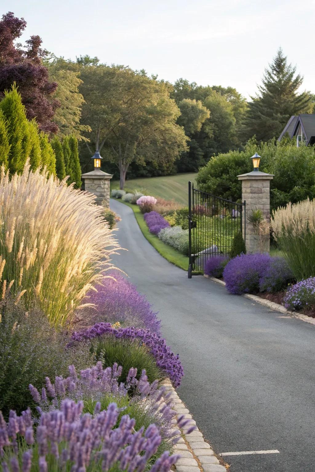 Low-maintenance plants can beautifully frame your driveway entrance.