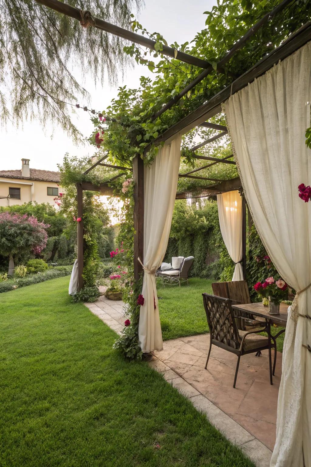 A pergola with curtains provides privacy and allure.