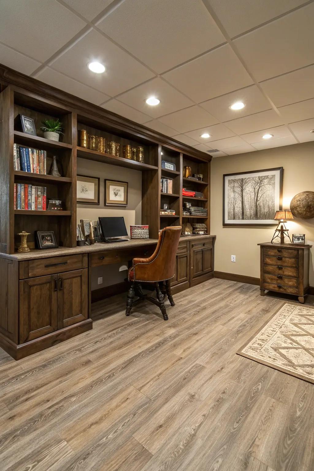 Laminate flooring adds a hint of modern elegance to basement areas.