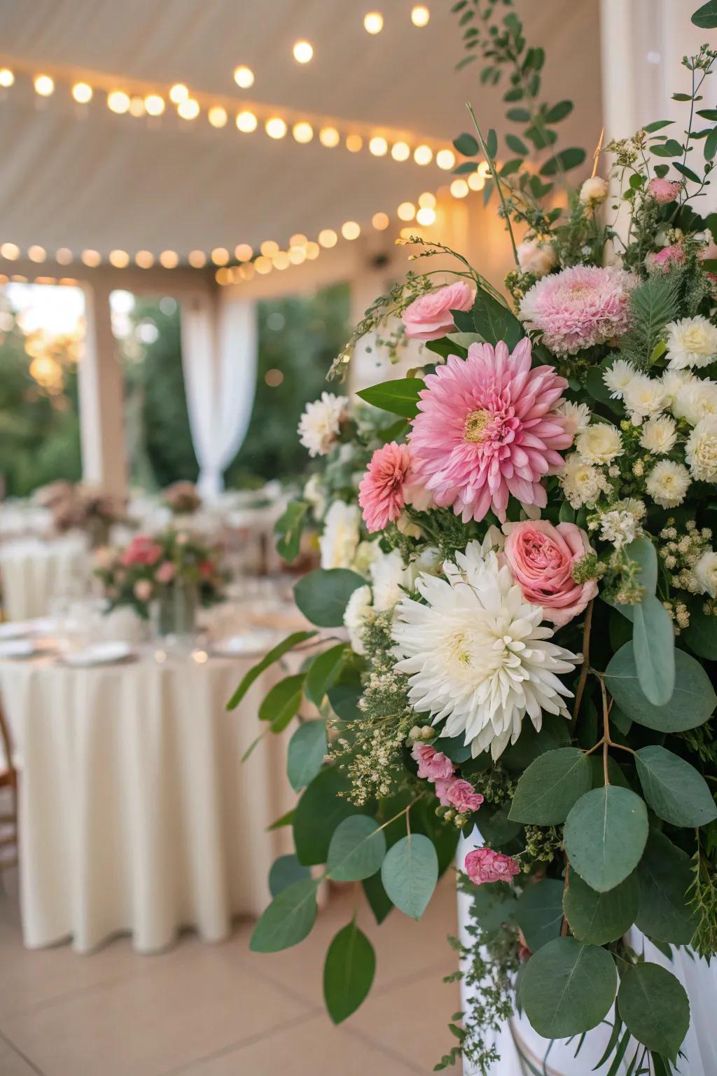 Mums introducing both texture and bulk to a wedding floral creation.
