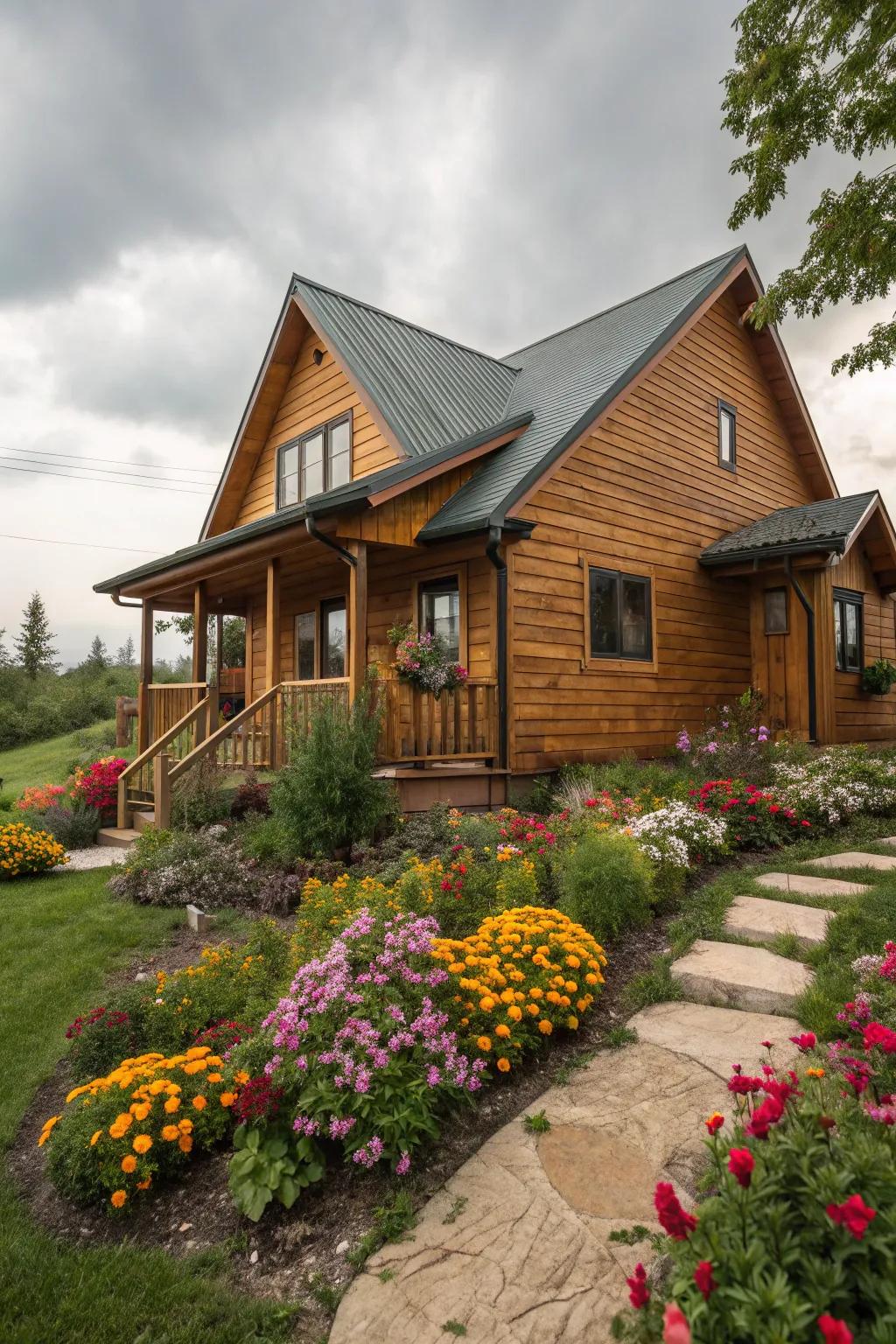 Synthetic wood siding provides a rustic look without the maintenance.