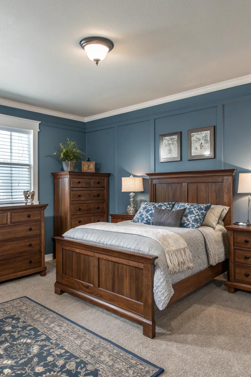 Maple hardwood furnishings matched with trendy gray and blue walls.