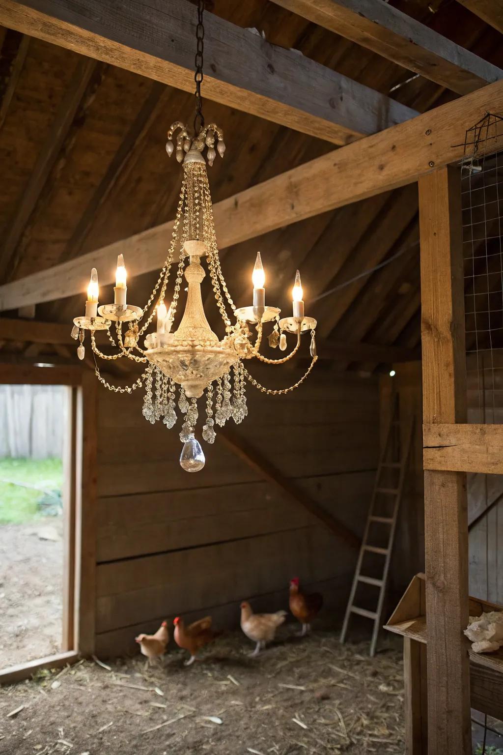 A hanging lamp lends a hint of refinement and whimsy to the hen house.