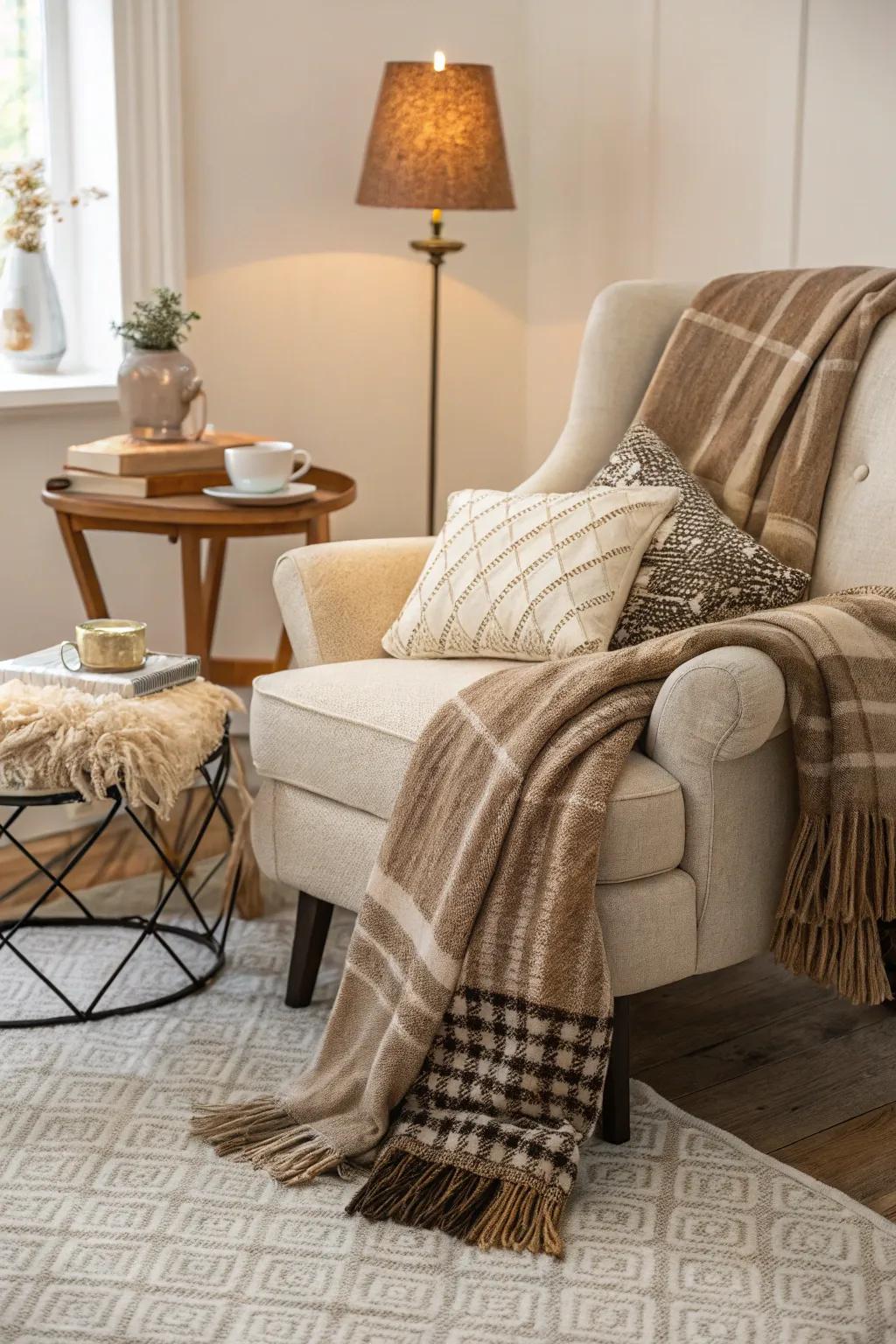 A snug seating arrangement featuring alluring coverings and throws.