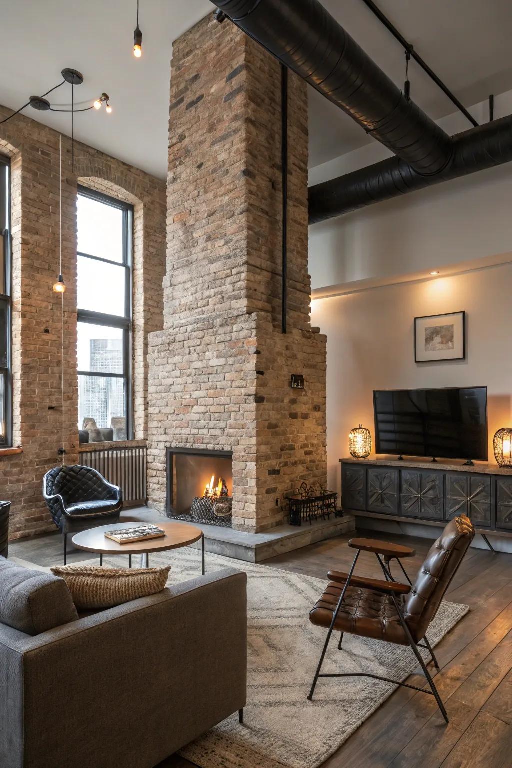Exposed stonework introduces coziness and an urban touch to this modern lounge area.