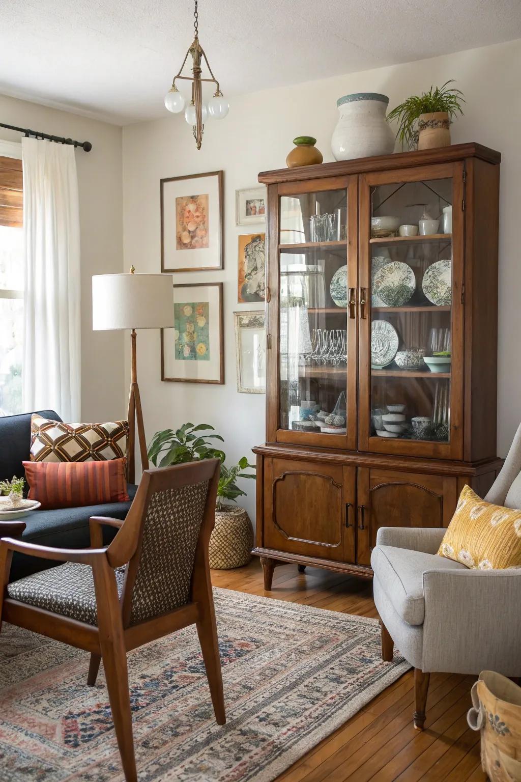 Unique living room using a display case acting as a center point.
