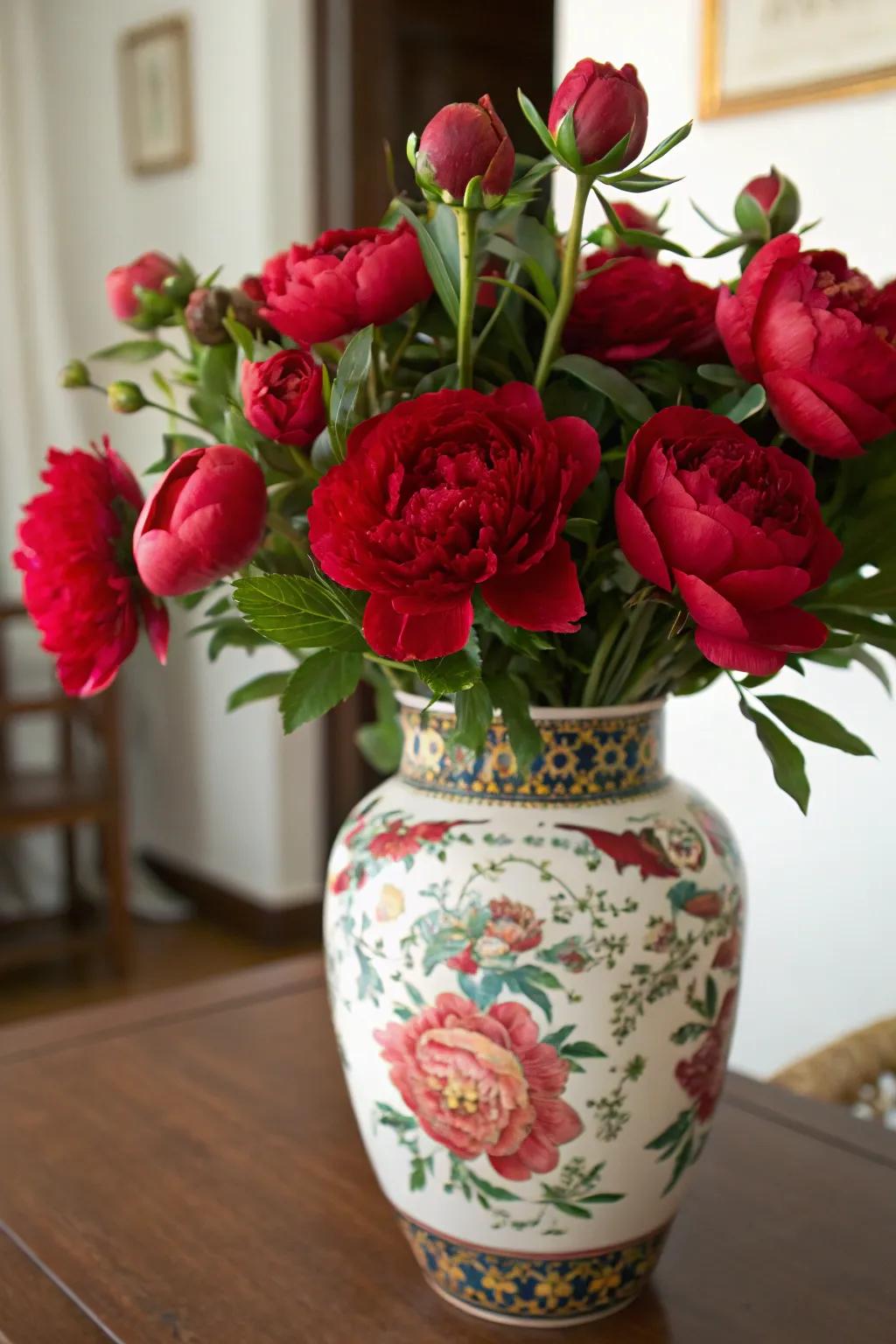 An exuberant scarlet botanical arrangement nestled within a sophisticated container.