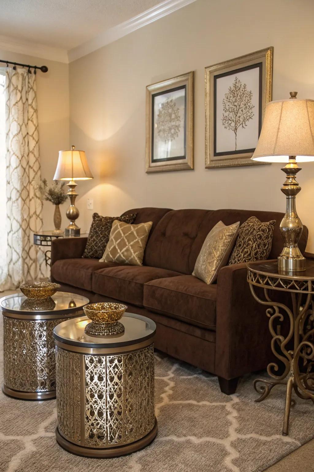 Shimmering details bring an elegant touch to a cocoa sofa arrangement.