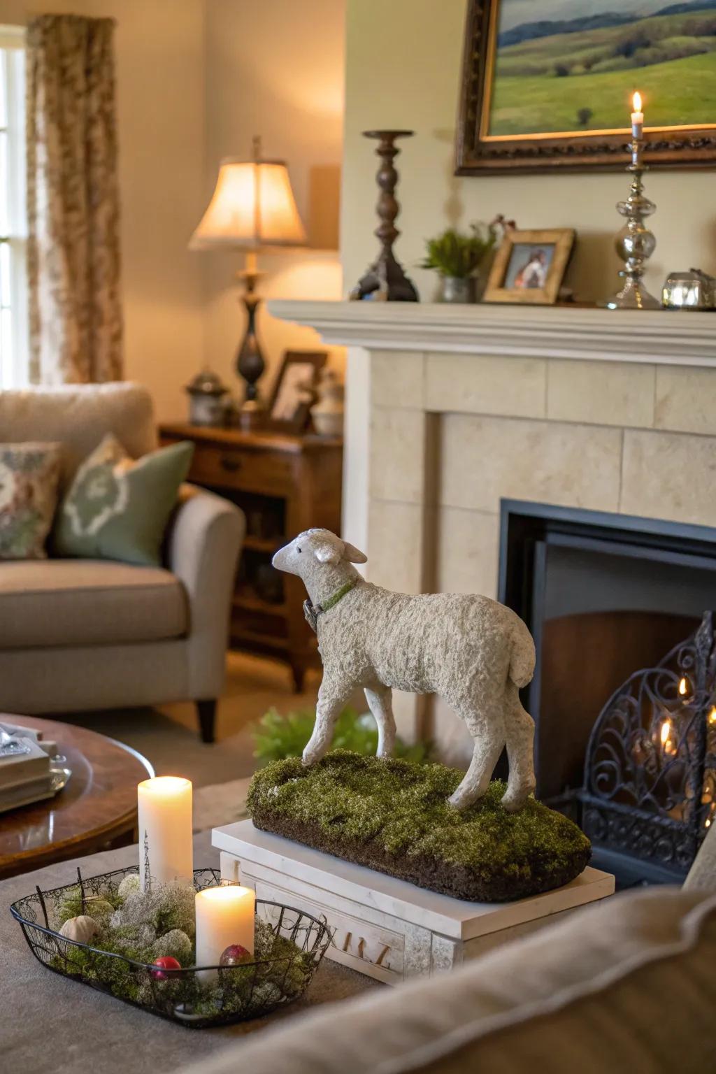 A lamb in pasture sculpture adds a serene touch to your mantel.