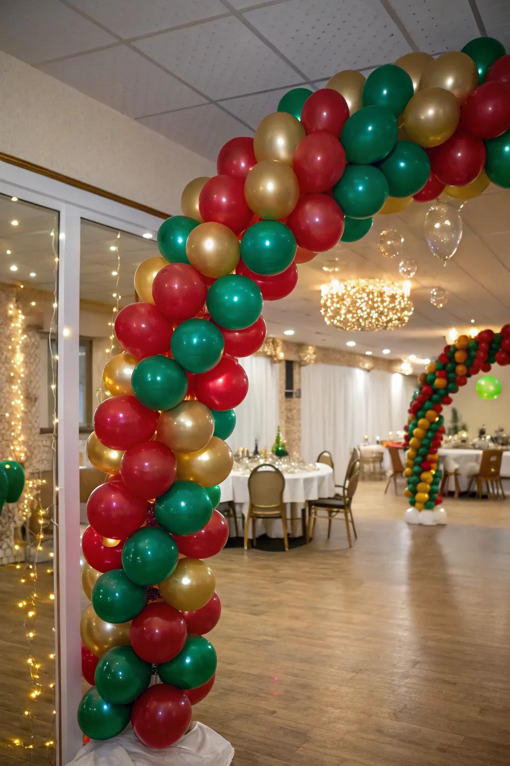 A vibrant balloon arch brings festive spirit.