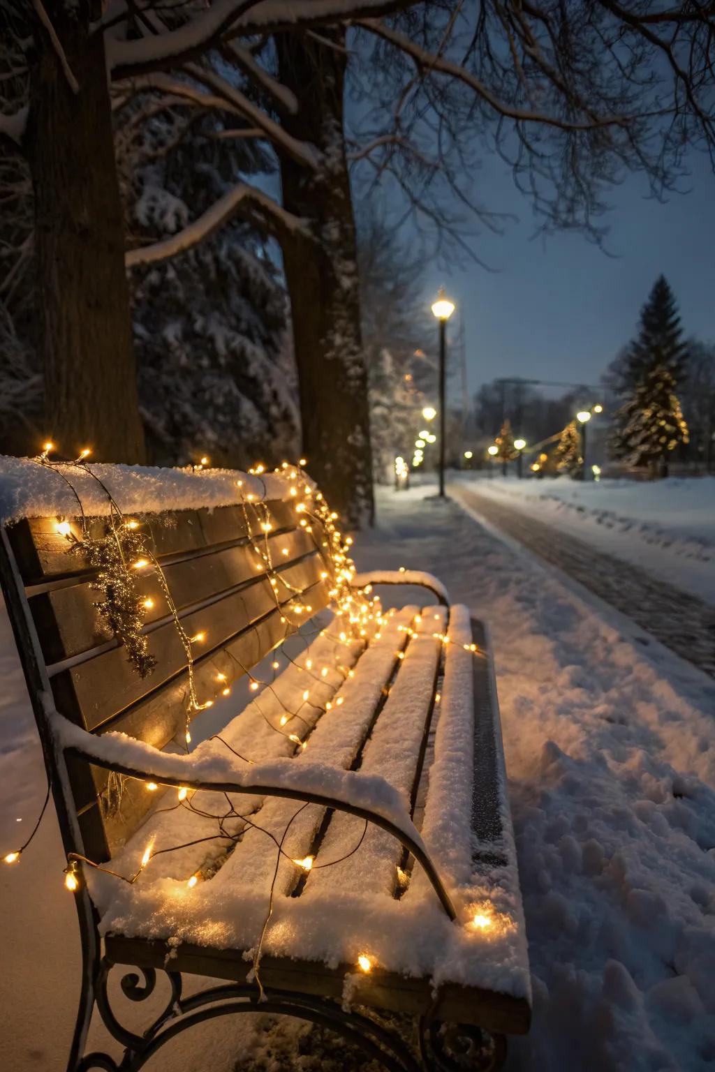 Twinkle lights add a magical radiance to your bench decor.