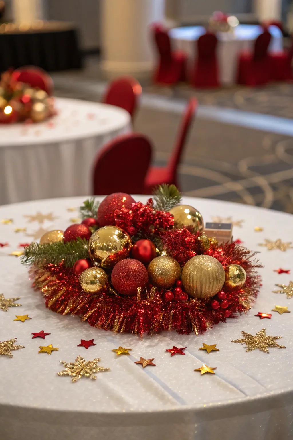 Ornaments inject a hint of celebratory twinkle on the table.