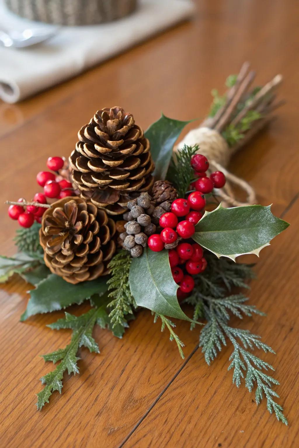 A nature-centric Christmas corsage showcasing conifer cones and berries.