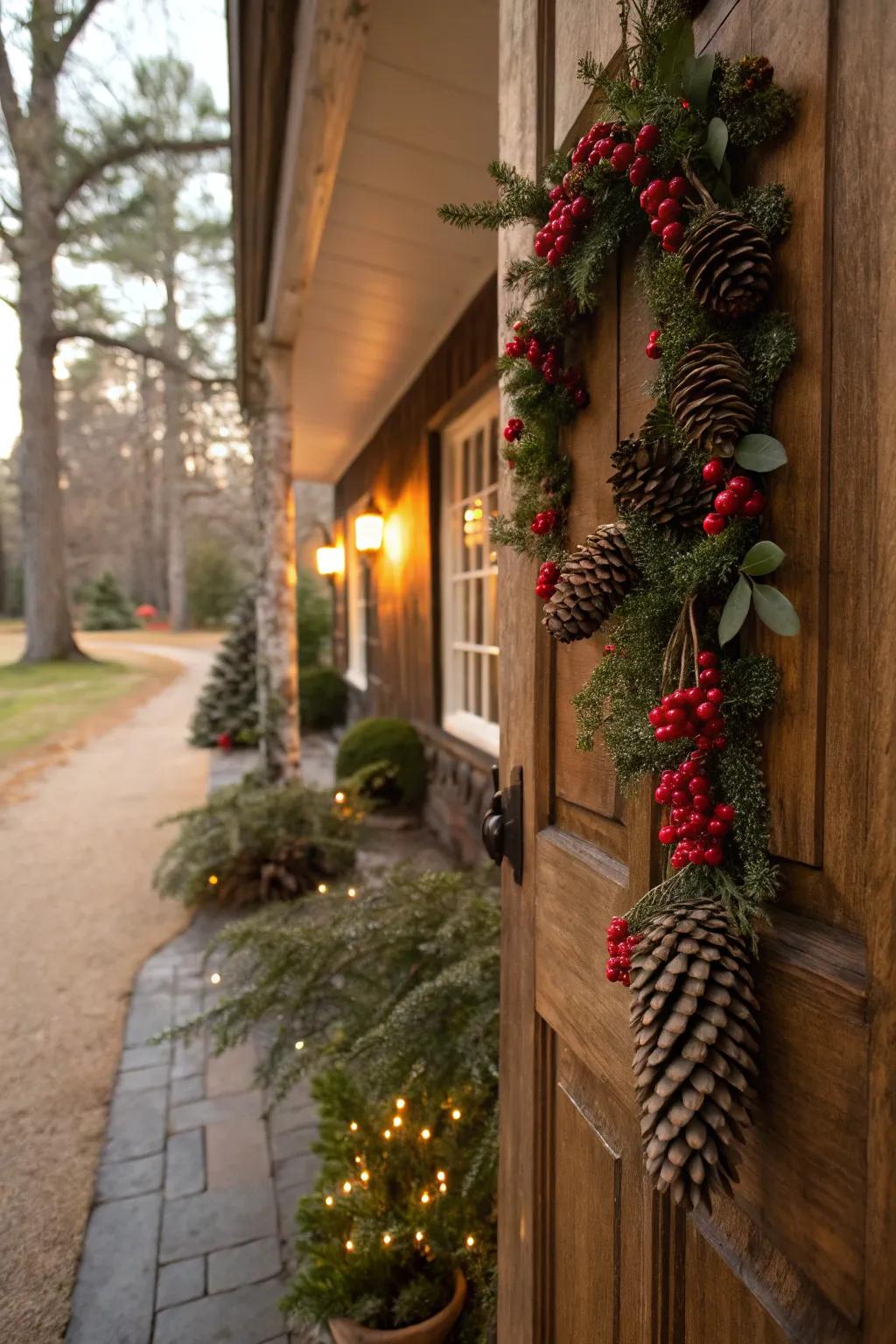 This front door is exquisitely framed by a charming pinecone garland.
