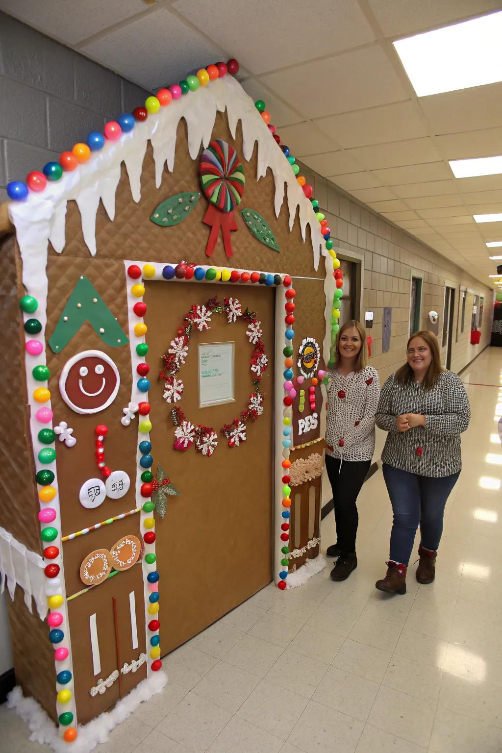 A delightful gingerbread house-themed school door.