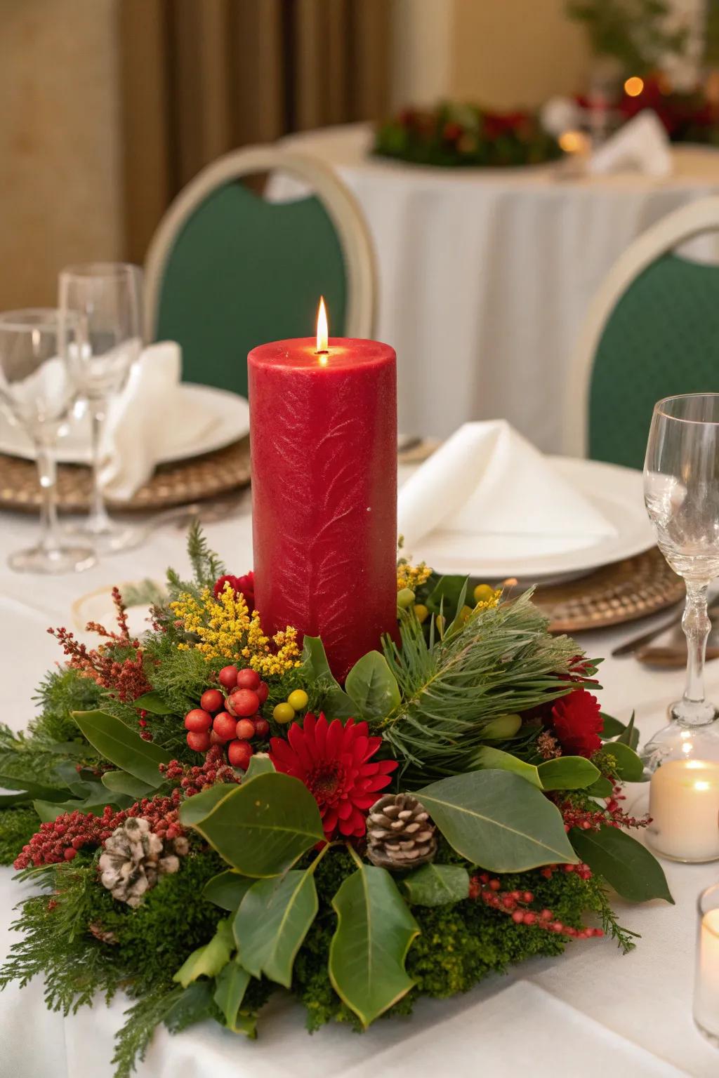 Warm your table with a graceful candle table piece.