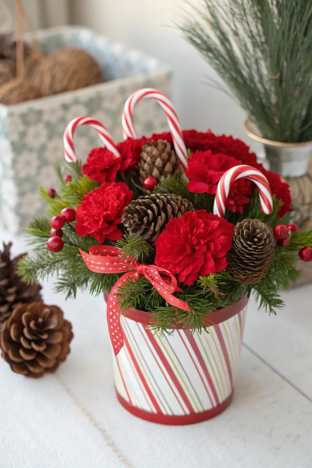 A fun Christmas bouquet with sweet sticks and red fancyflowers.