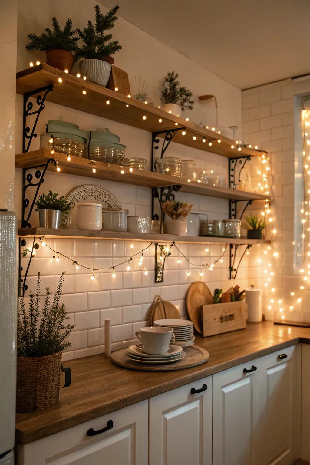 String lights add a magical glow to kitchen shelves.