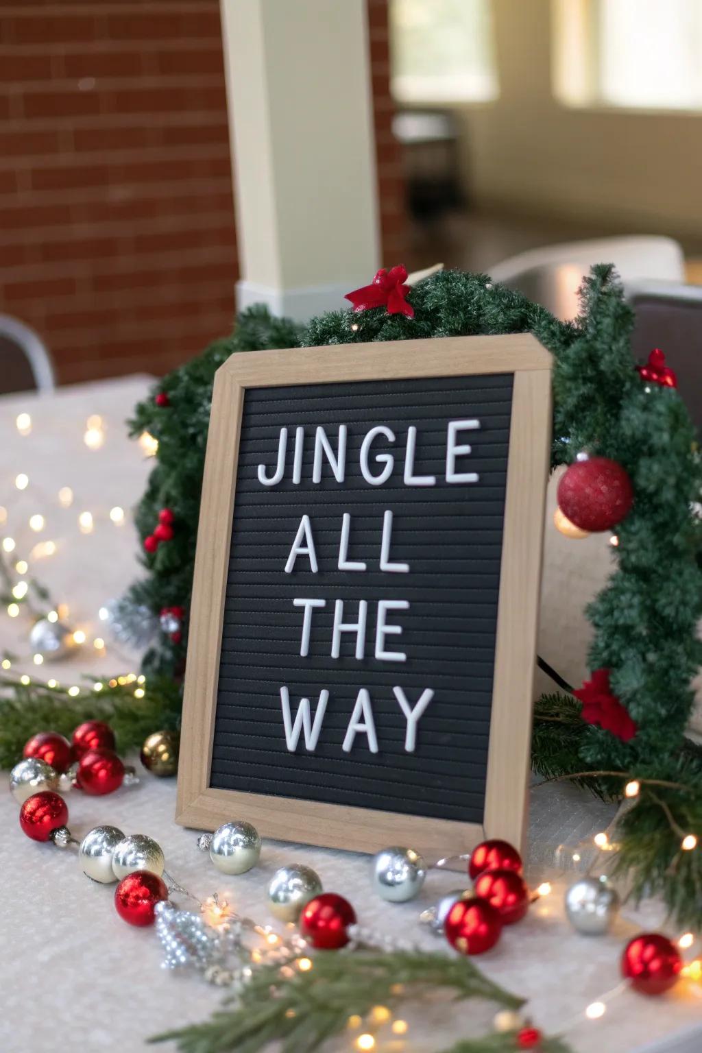 A lively 'Jingle All The Way' message board with jingle bells adding musical charm.