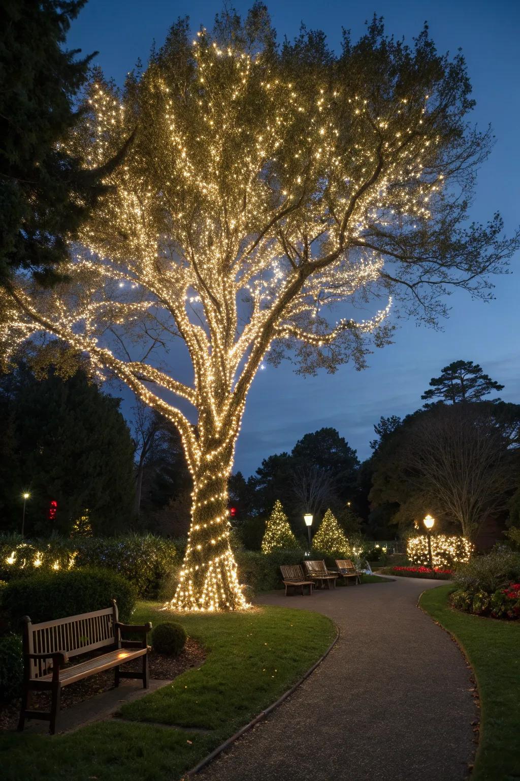 A large tree wrapped in twinkling lights, crafting a magical ambiance.