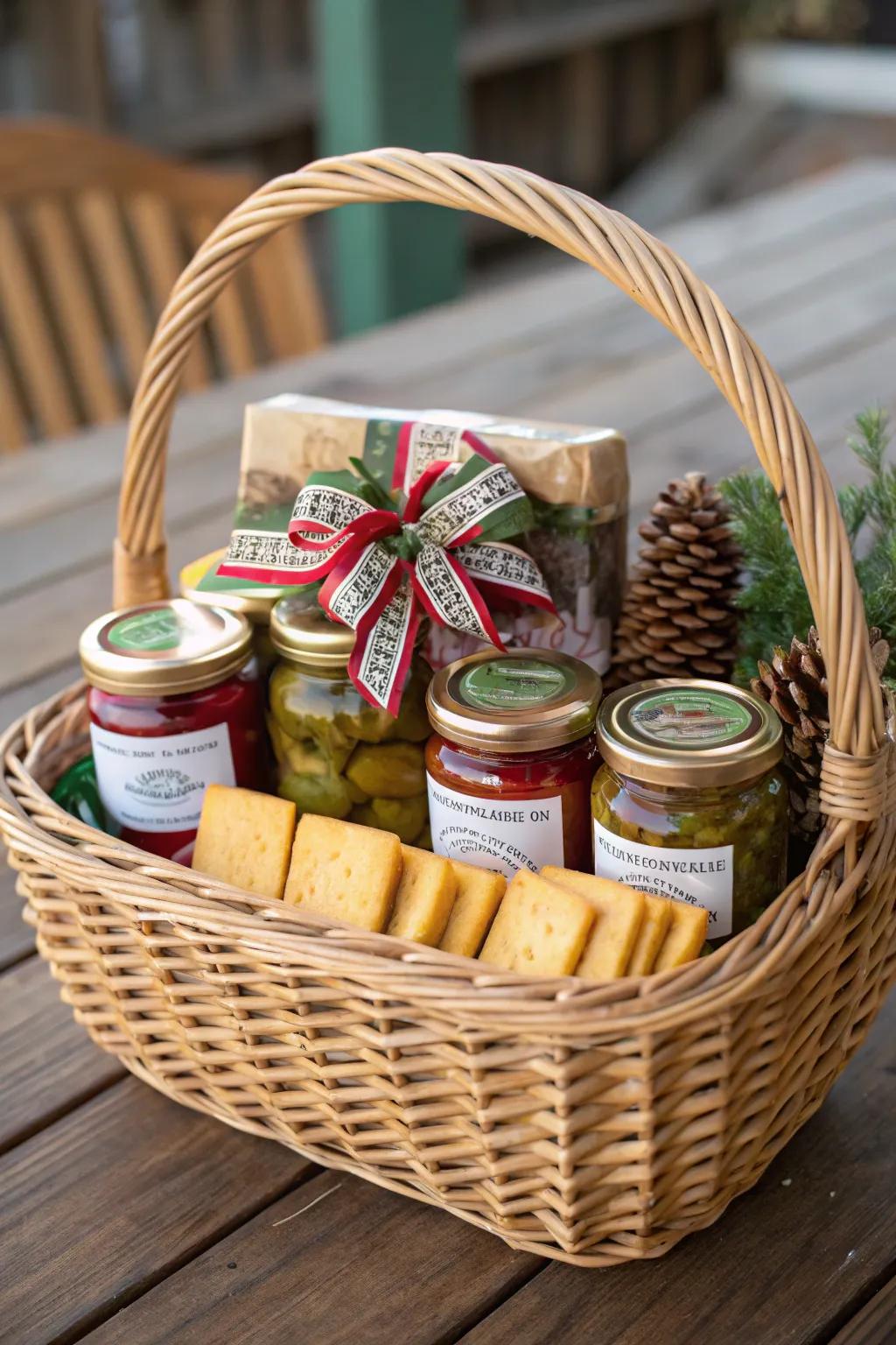 A gourmet present hamper showcasing an assortment of crisp delights and tasty treats.