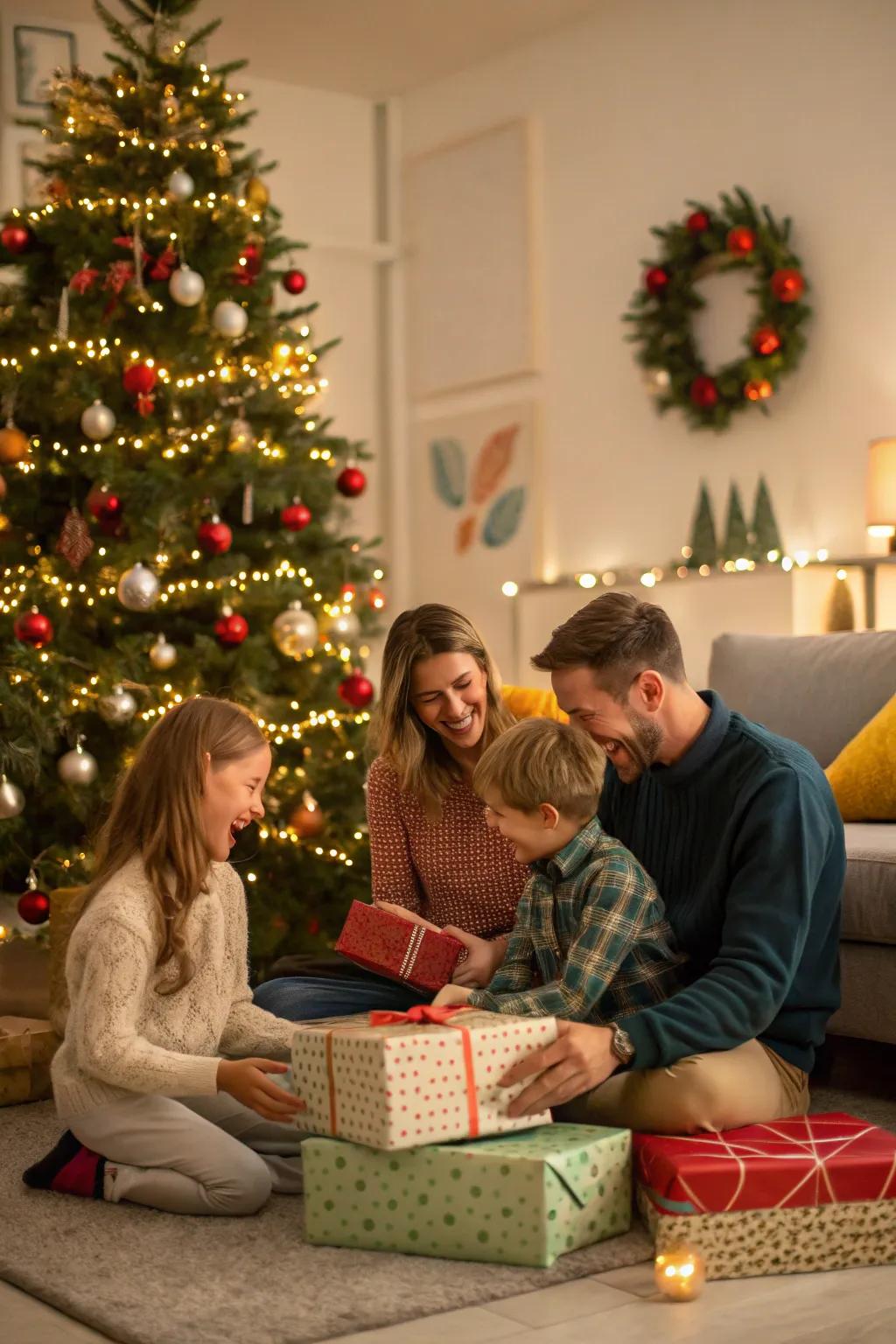 A family gleefully assembled around the Christmas tree, sharing the exhilaration of opening gifts.