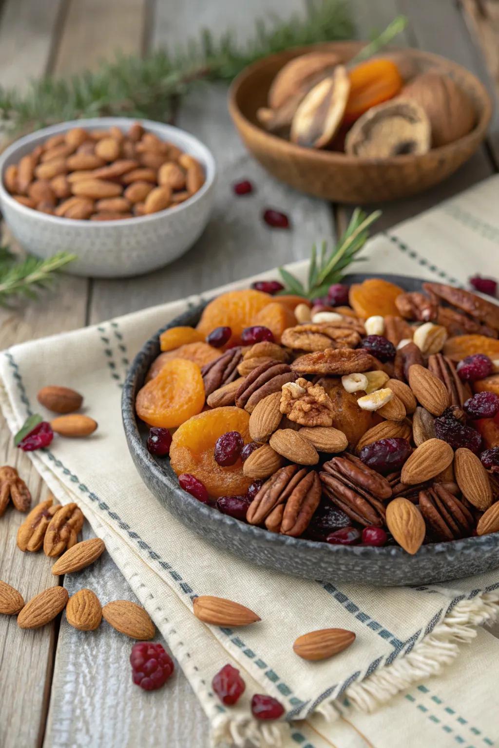 Mixed seeds and dried fruits selection for a celebratory nibble.