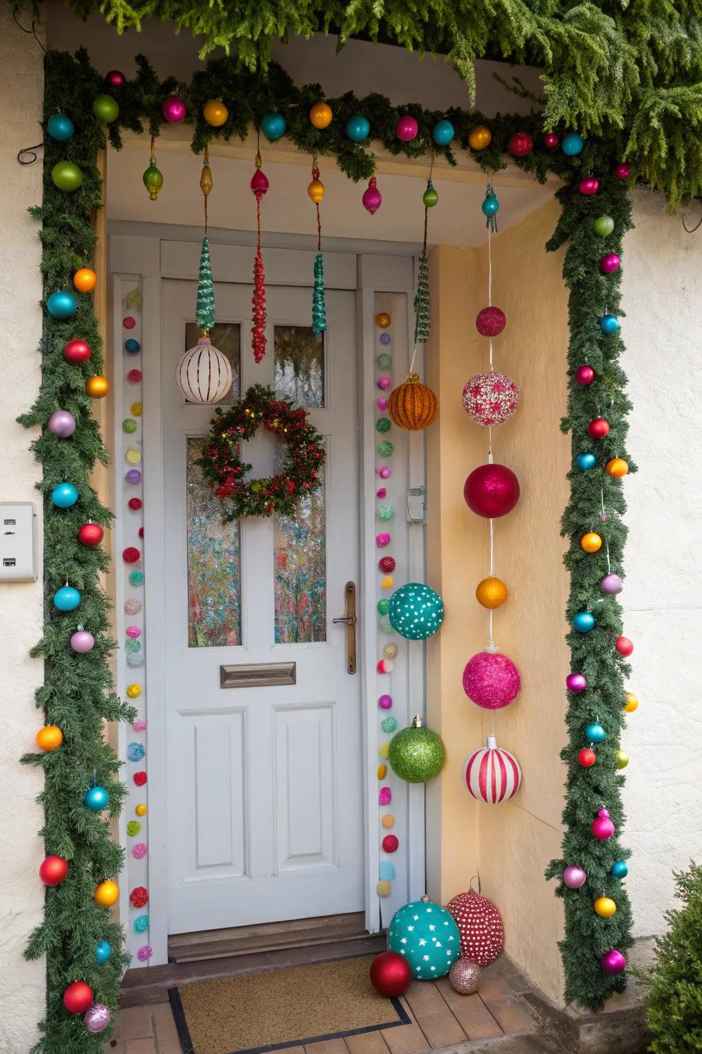 A vibrant swag with colorful ornaments.