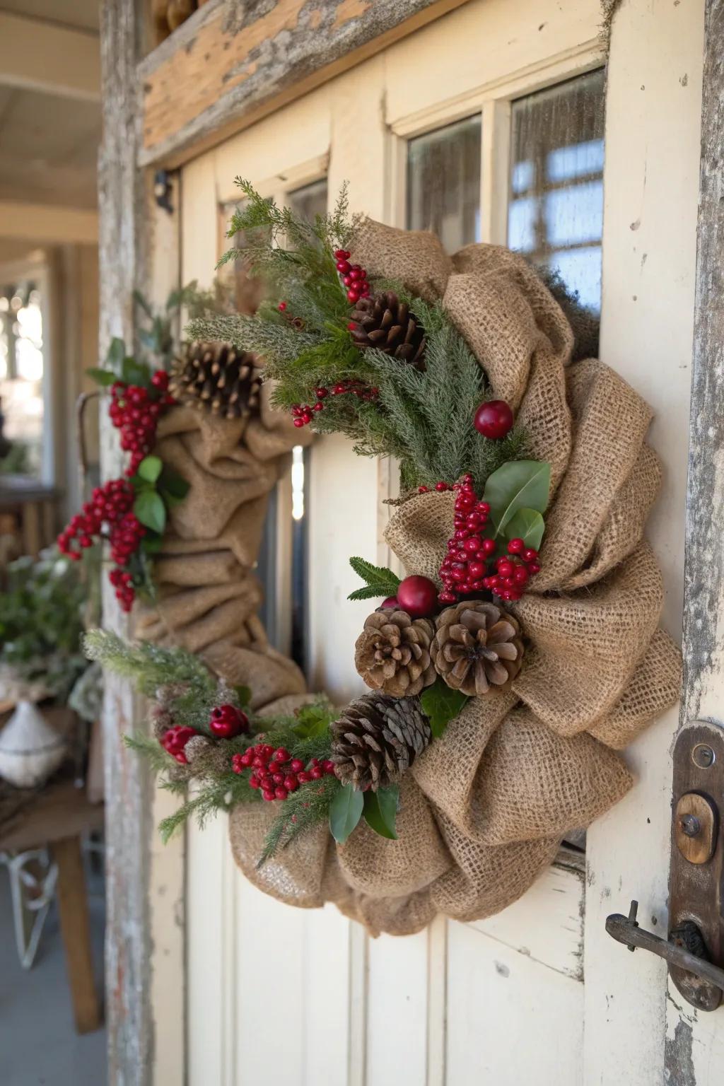 A rustic burlap wreath featuring natural elements like pinecones and berries.