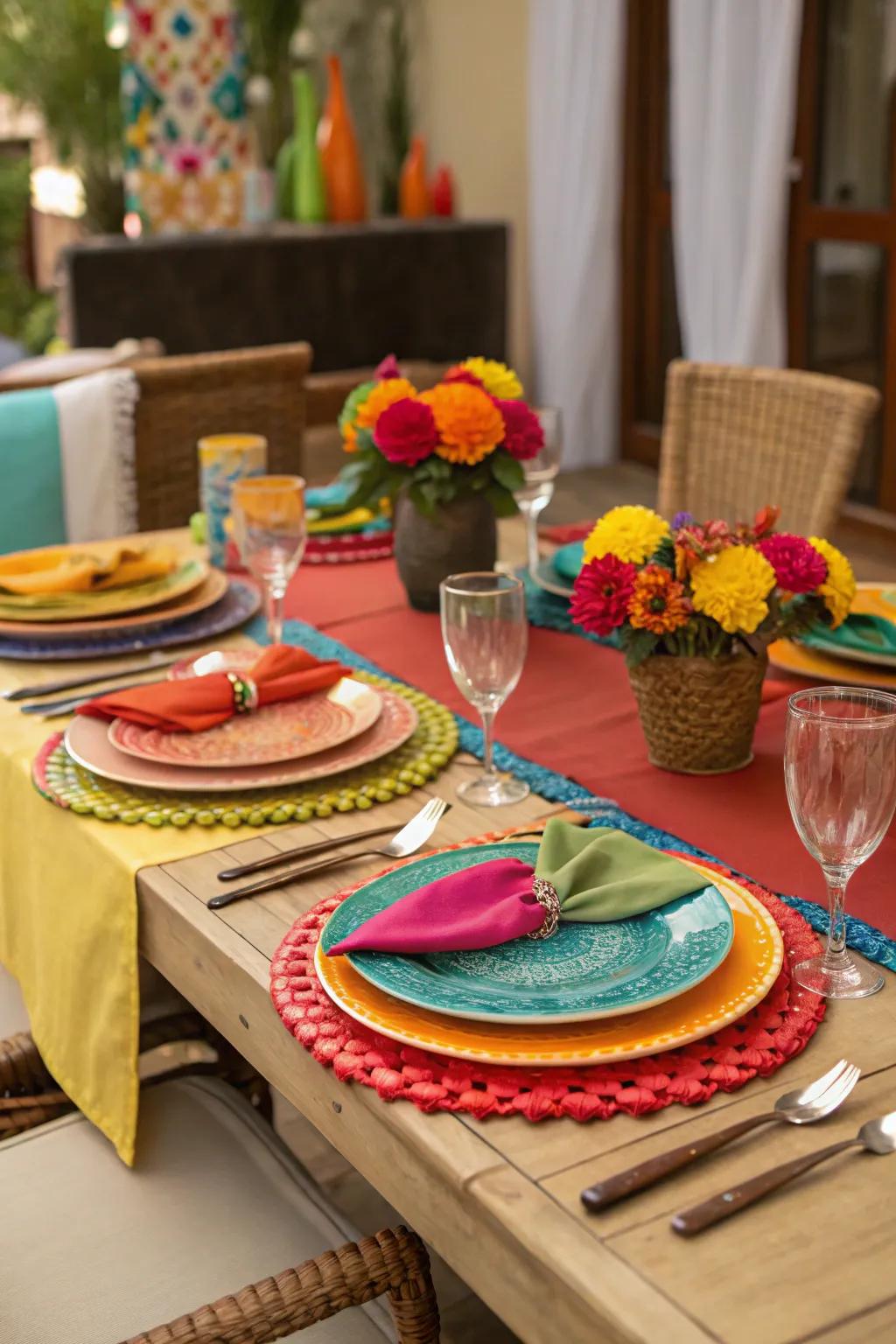 Craft a vibrant table setup with colorful tableware.