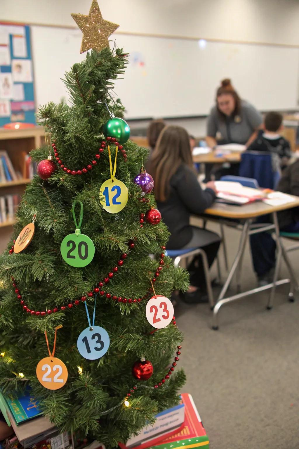 An educational Christmas tree with interactive ornaments