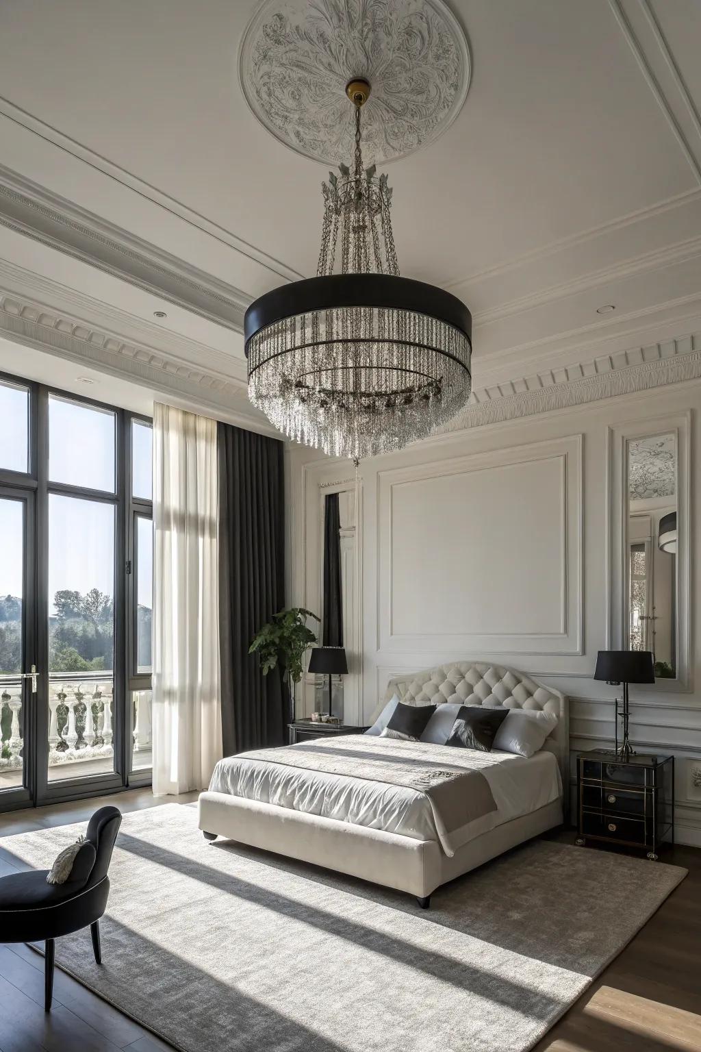 An eye-catching chandelier enhances the beauty of the bedroom.