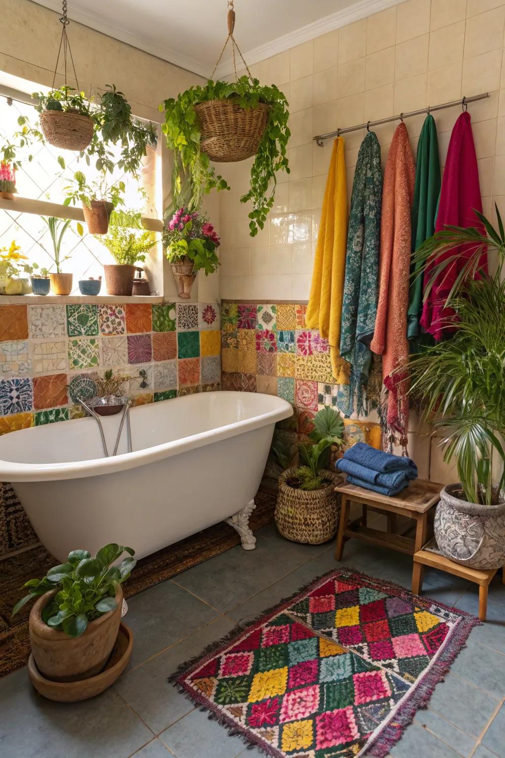 A mixed bohemian bathroom where relaxation and creativity unite.