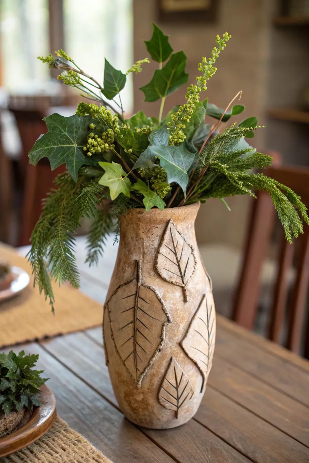 A nature-propelled dirt pot with surfaces suggestive of leaves and bark.