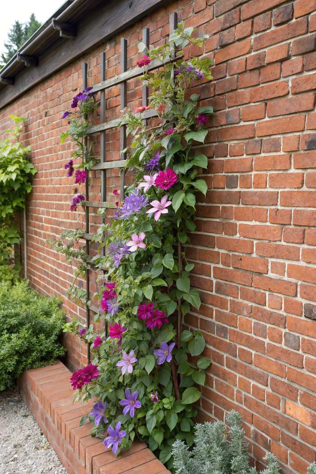 Clematis blossoms are elegantly displayed against a brick wall via a wall-mounted trellis.