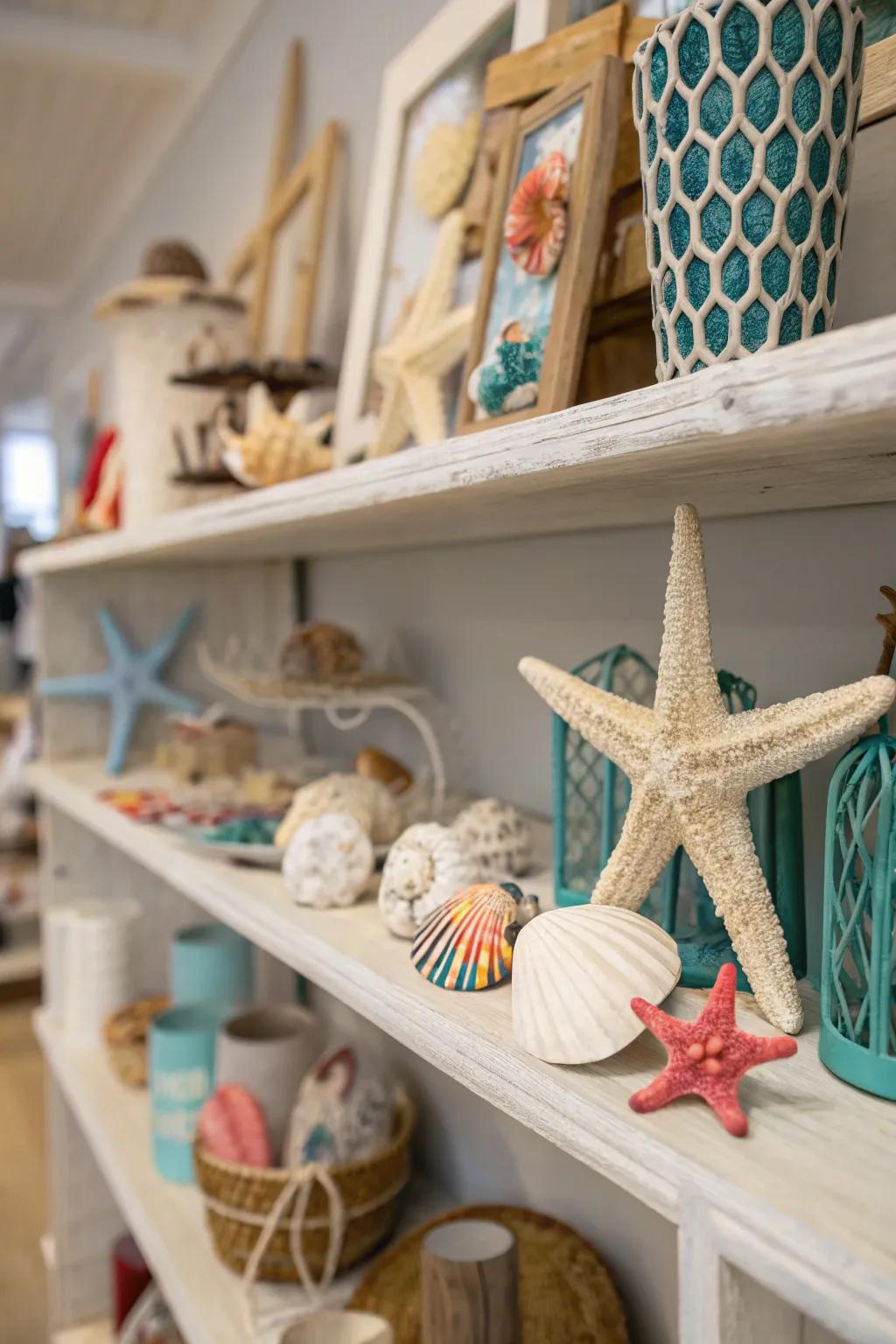 A shelf adorned with oceanic collectibles and coastal features.