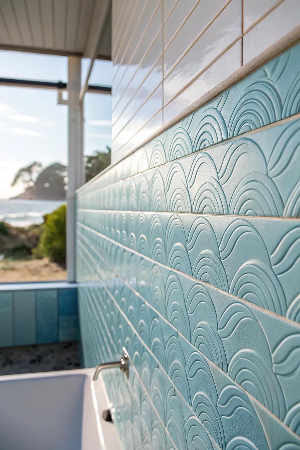 Bring the texture of the coast indoors with wave-like tiles.